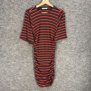 Zapelle Dress Women M Medium Orange Striped Shift Midi Stretch Short Sleeve